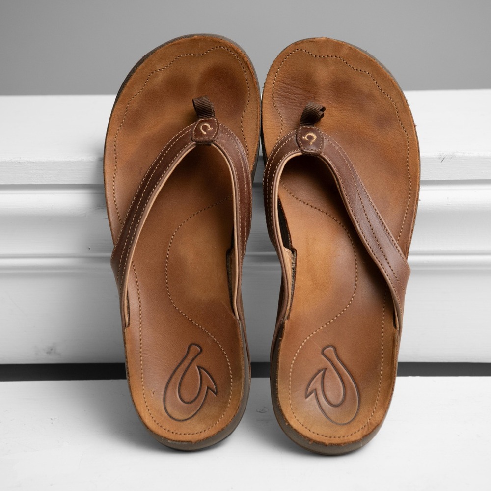 Olukai Kumu Brown Leather Flip Flop Sandals W10/M8.5 Ergonomic